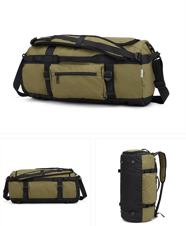 Stylish waterproof sports bag in green with separate wet and dry compartments, featuring a shoe pocket and multiple zippers. Model SF0920.
